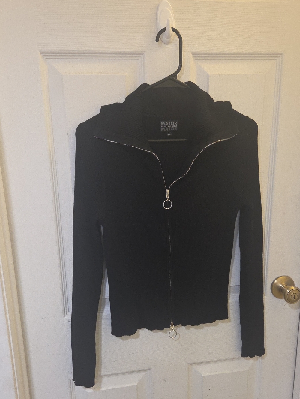 Black Ribbed Zip-Up Shirt